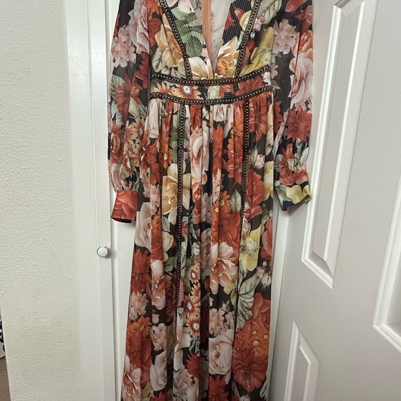 L’Artiste Floral Dress Maxi Autumn Dress Studs Size Small Red Pink Brown Flowers - Picture 5 of 13